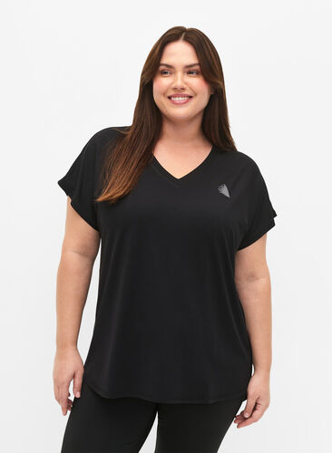 T-shirt de sport avec col en V, Black, Model image number 0