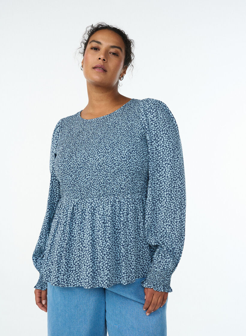 Blouse avec haut smock&eacute; et imprim&eacute; fleuri, Bleu, Model image number 0