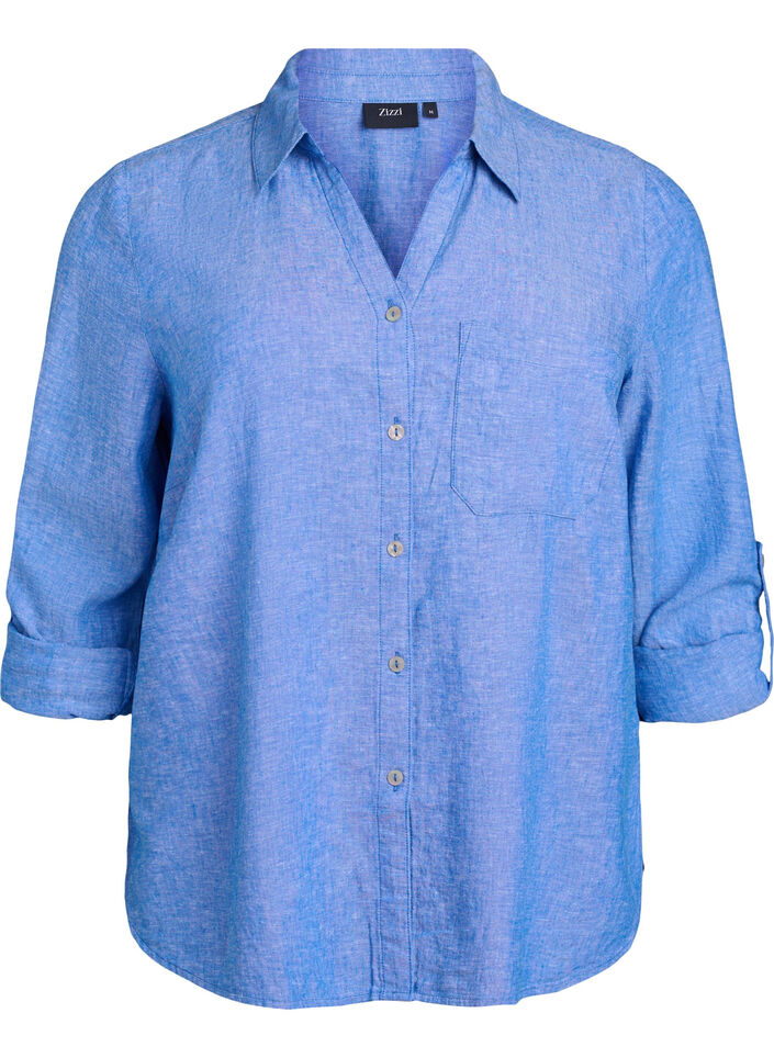 Chemise en lin et viscose avec manches 3/4, Bleu, Packshot image number 0
