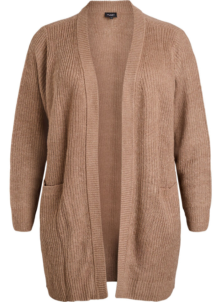 FLASH - Cardigan long en maille côtelée avec poches, Marron, Packshot image number 0