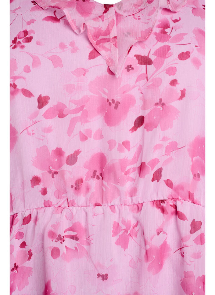 Blouse fleurie avec col &agrave; volants et effet peplum, Rose, Packshot image number 2
