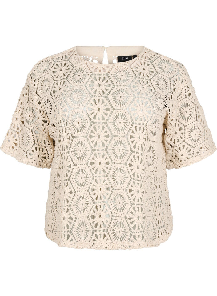 Blouse en crochet à manches courtes, Beige, Packshot image number 0