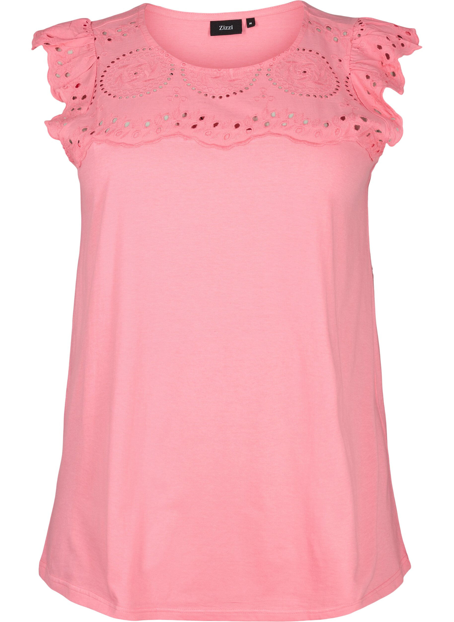 Zizzi T-shirt en coton biologique avec broderie anglaise, Strawberry Pink , Packshot image number 0