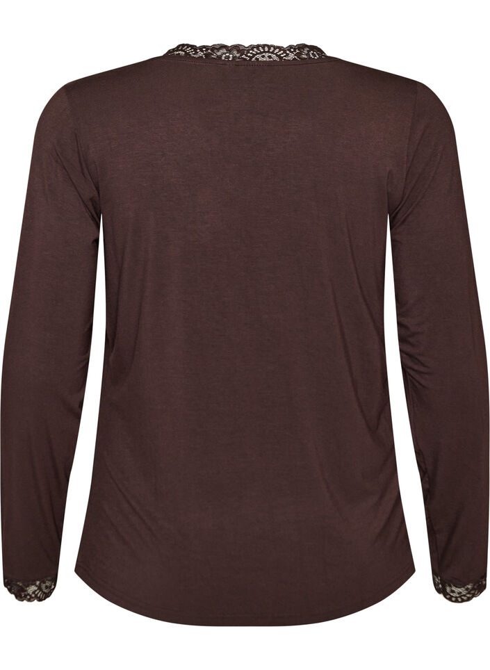 Blouse en viscose avec d&eacute;tails en dentelle et col en V, Marron, Packshot image number 1