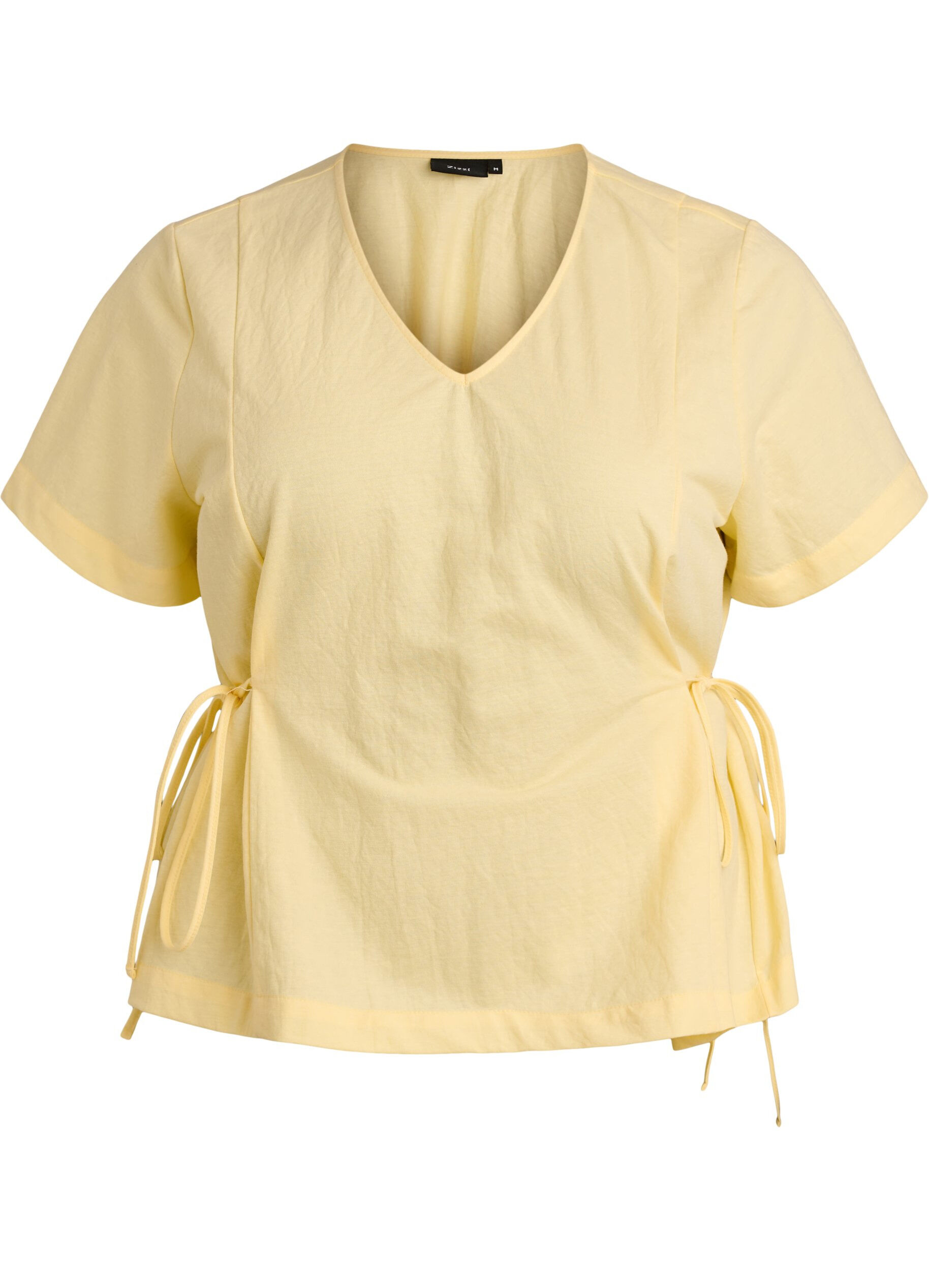 ZizziBlouse en m&eacute;lange de coton avec un col en V et un lien &agrave; nouer, Jaune, Packshot image number 0