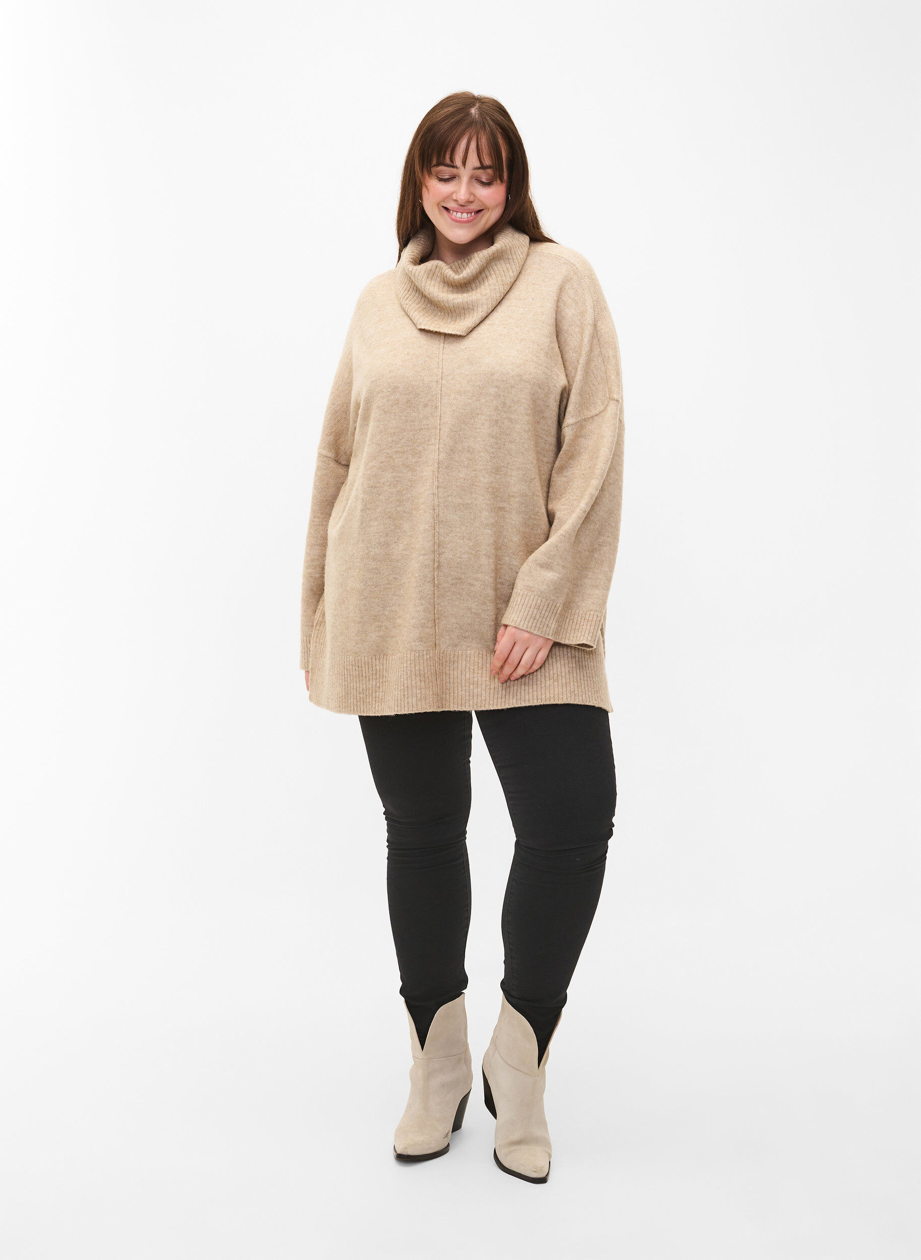 Zizzi Pull en tricot m&eacute;lang&eacute; avec col roul&eacute;, Simply Taupe Mel., Model image number 2