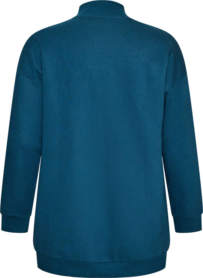 Sweat-shirt long &agrave; col montant et texte brod&eacute;, Bleu, Packshot image number 1