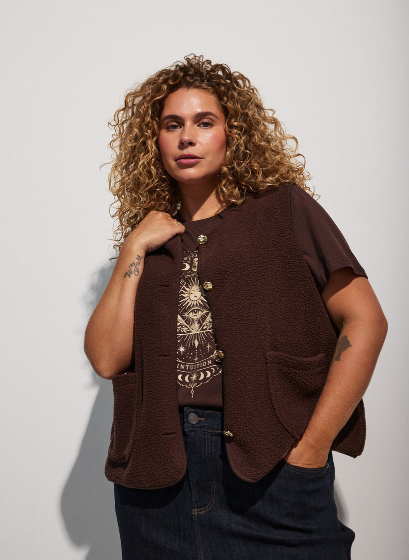Gilet teddy avec boutons et poches, Marron, Model image number 0
