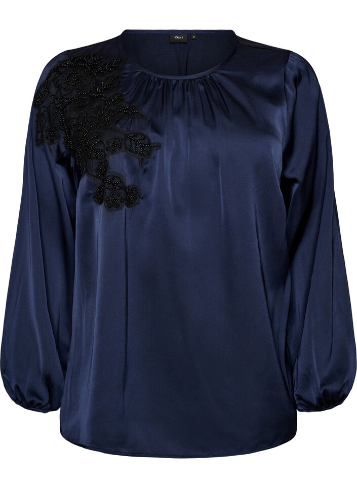 Blouse en satin avec appliqu&eacute; en dentelle et perles, Bleu, Packshot image number 0