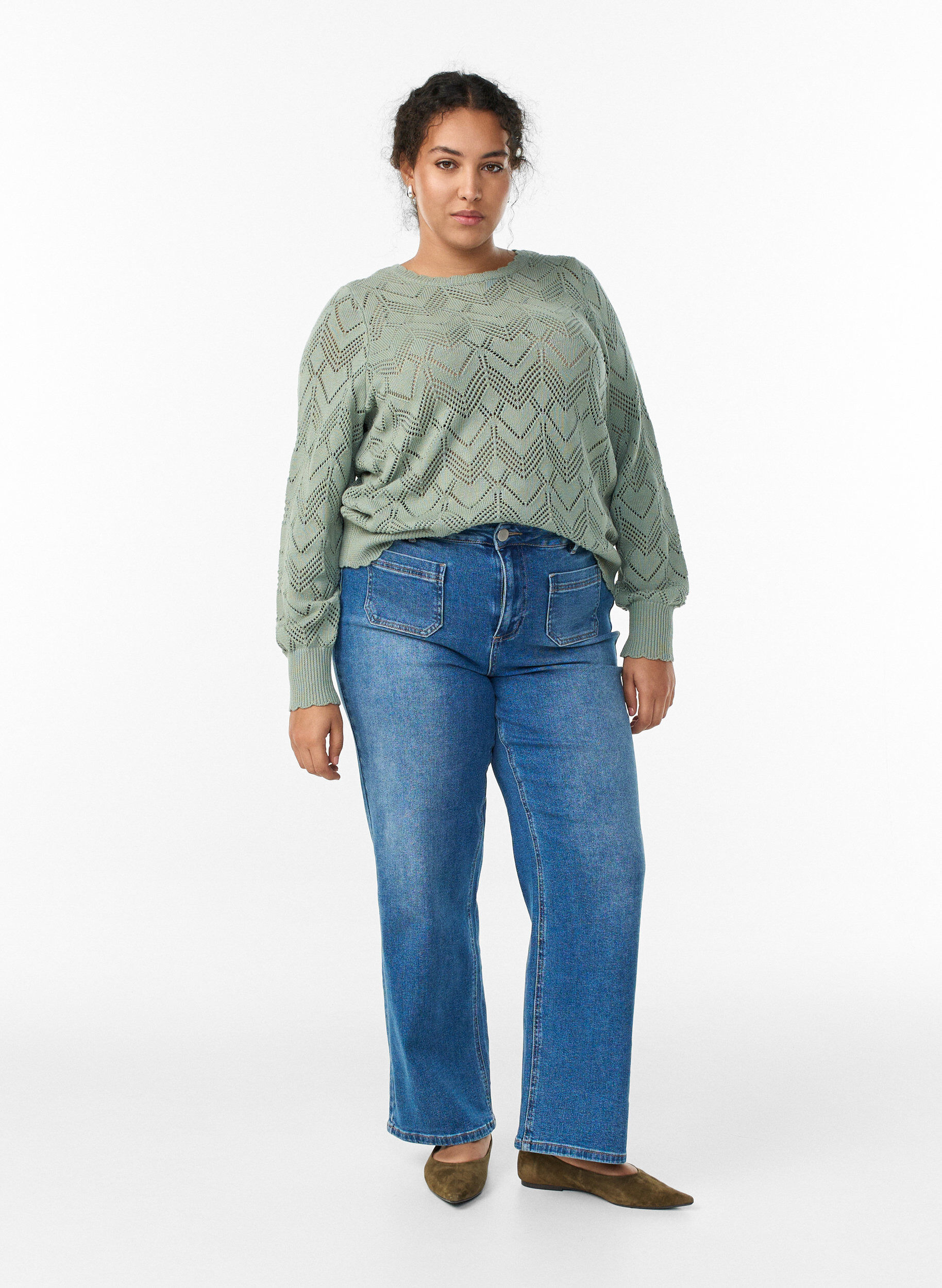 Zizzi Blouse en maille &agrave; motifs avec bord ondul&eacute; et encolure ronde, Vert clair, Model image number 1