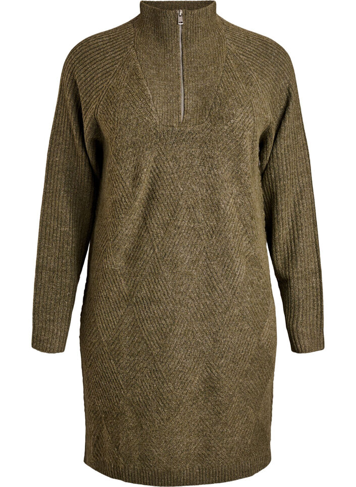 Robe mi-longue en maille avec col montant, Vert Kaki, Packshot image number 0
