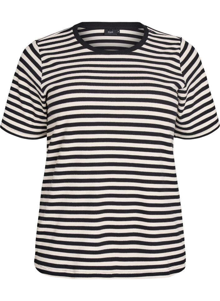 T-shirt rayé à texture côtelée, Noir, Packshot image number 0