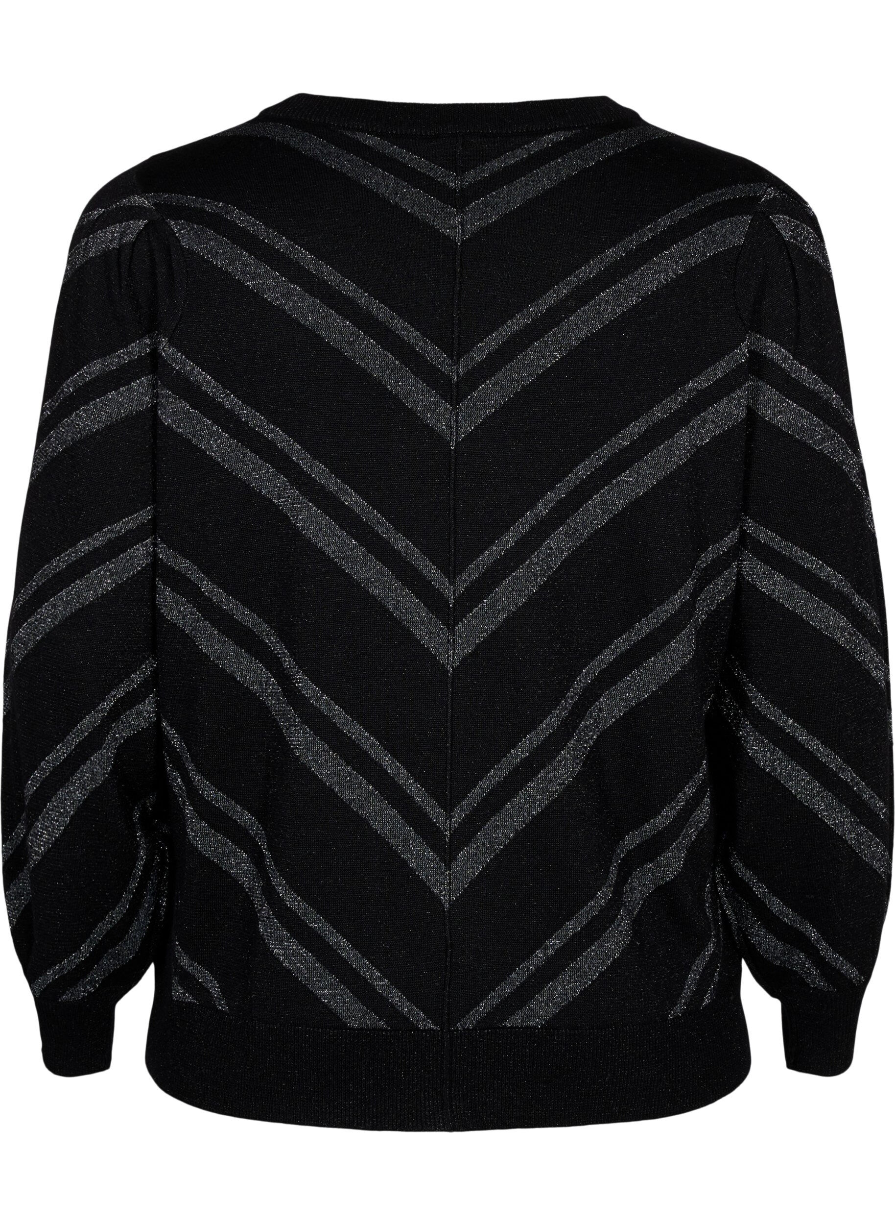 Zizzi Pull tricot&eacute; avec un col rond et des reflets brillants, Black w.S.L.Stripes, Packshot image number 1