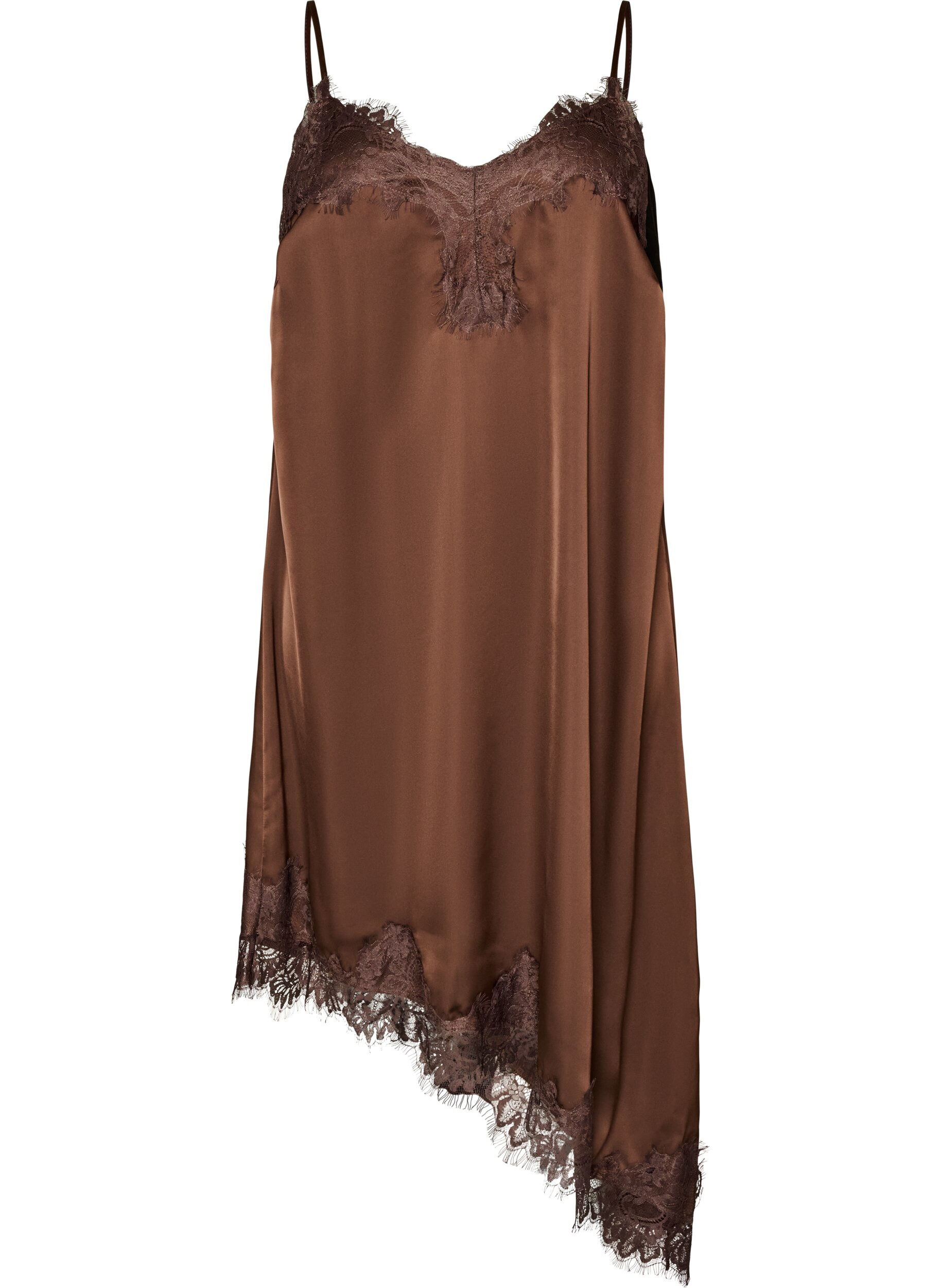 Robe en satin avec dentelle et ourlet asym&eacute;trique