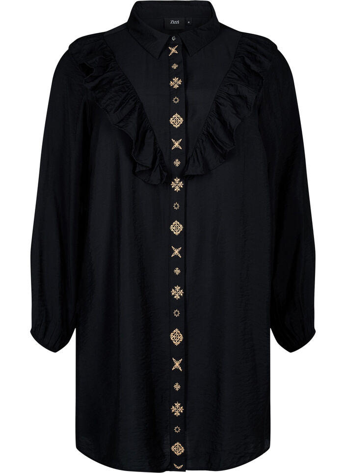 Robe chemise avec volants et broderie, Black, Packshot image number 0