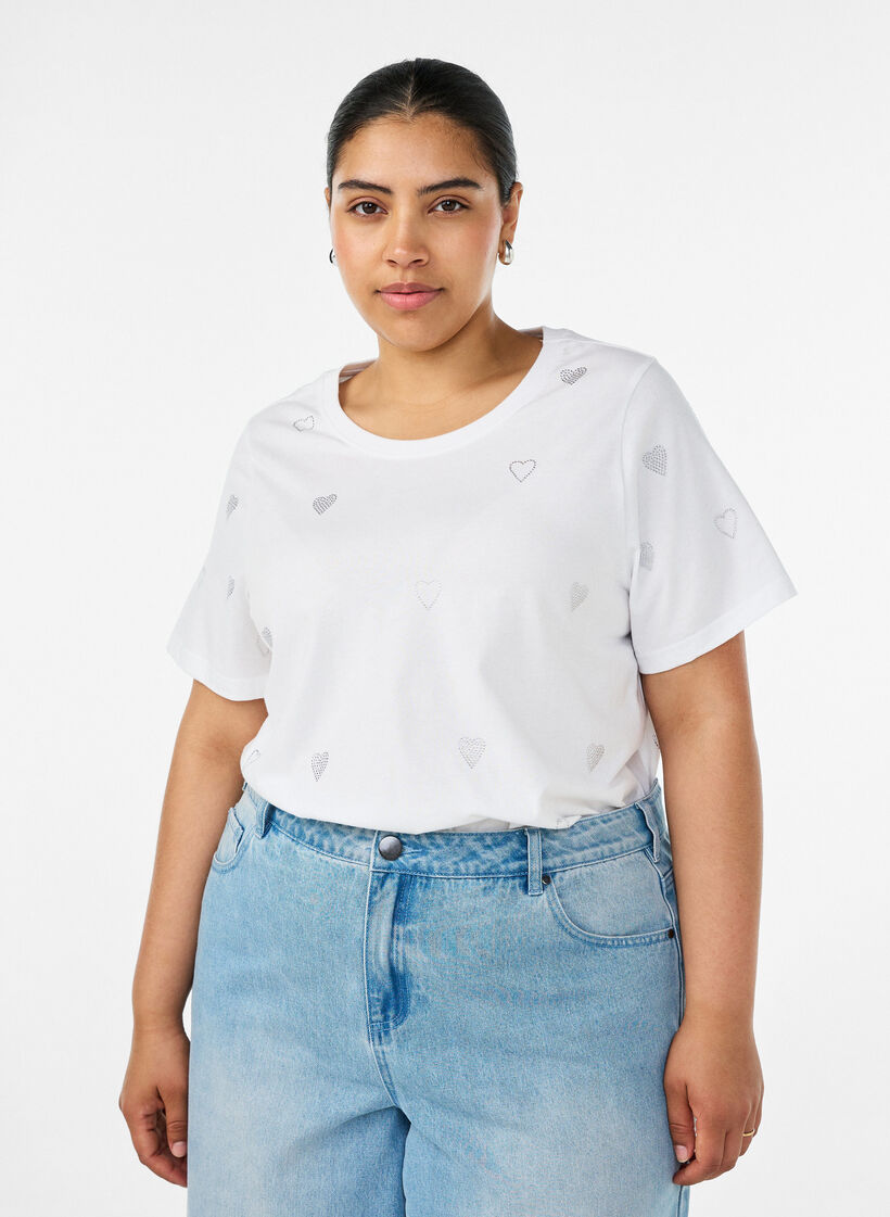 T-shirt en coton bio avec des c&oelig;urs, Blanc, Model image number 0