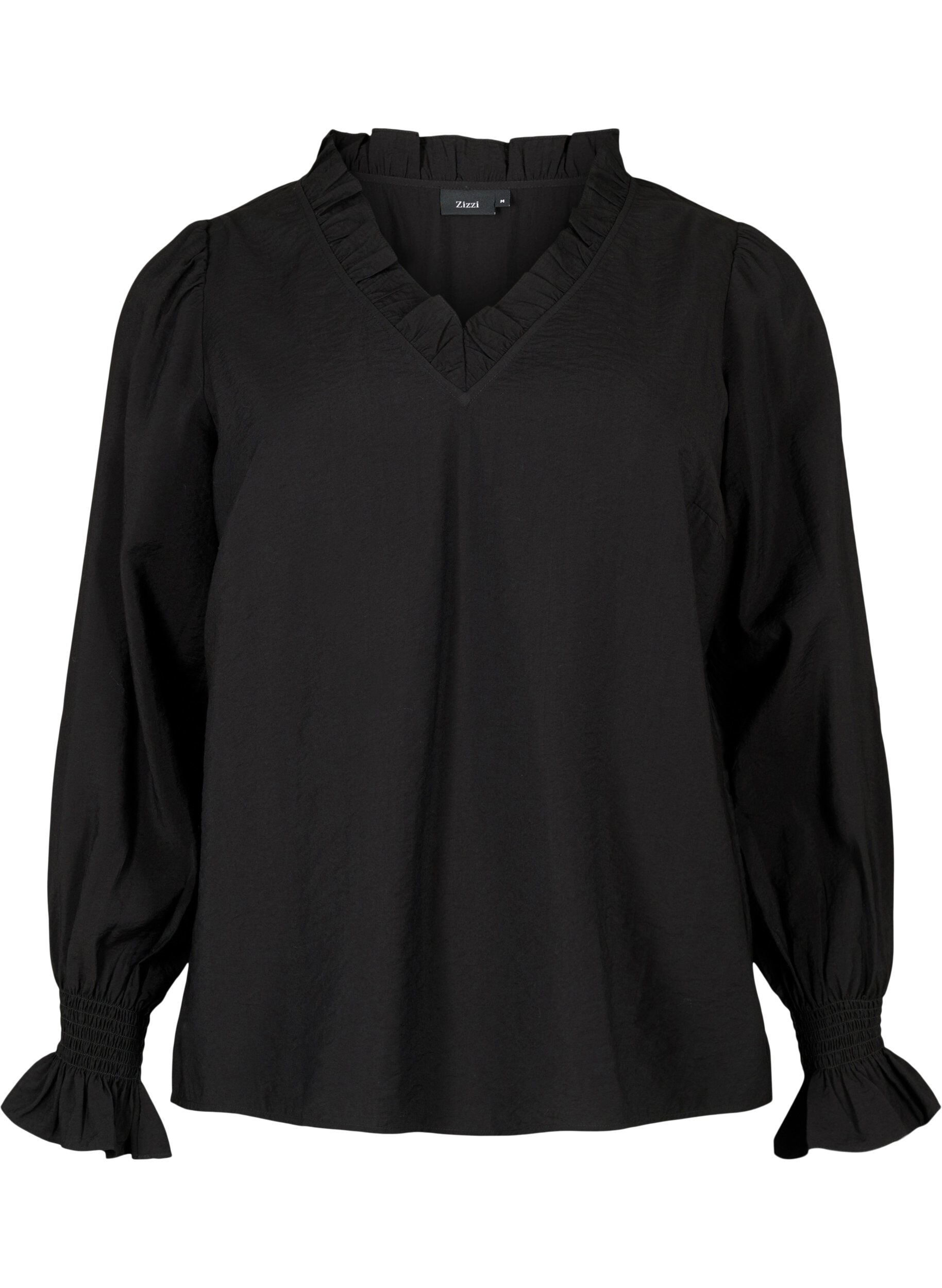 Zizzi Blouse &agrave; manches longues en viscose avec d&eacute;tails de volants, Black, Packshot image number 0