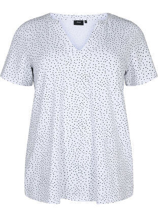 T-shirt en coton avec des points et un col en V, B.White/Black Dot, Packshot image number 0