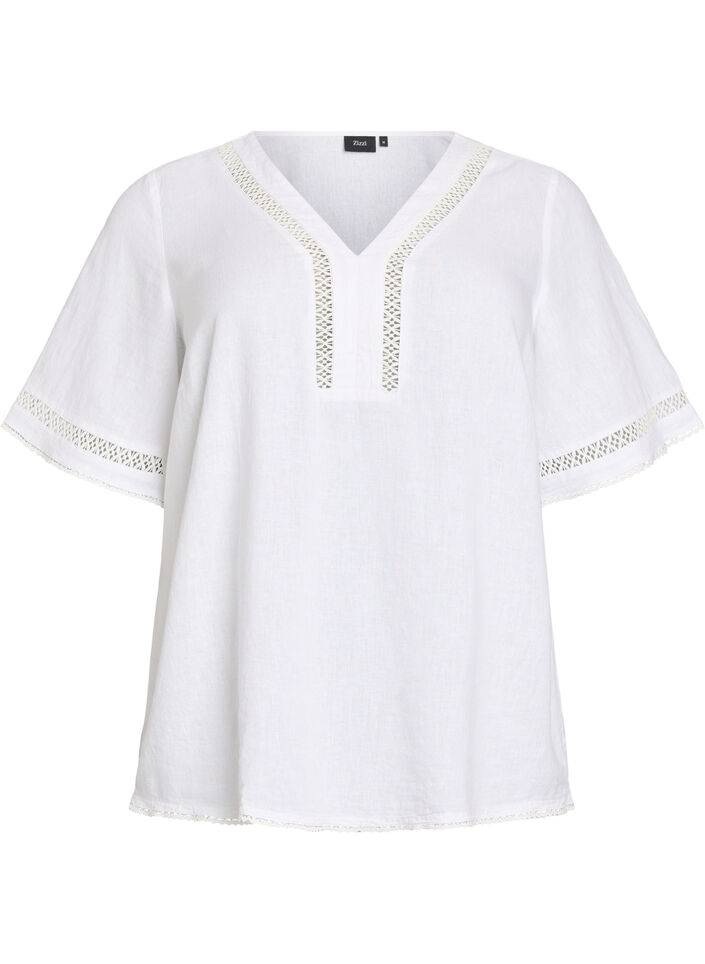 Blouse en lin et viscose avec des d&eacute;tails au crochet, Blanc, Packshot image number 0