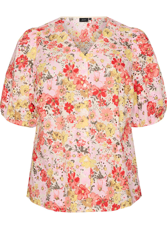 Blouse florale avec broderie ajour&eacute;e et col V, Rose, Packshot image number 0