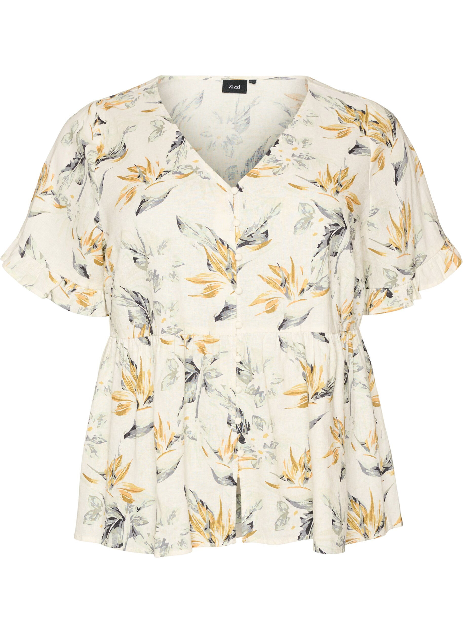 Blouse en lin et viscose avec un col en V et une fermeture boutonn&eacute;e