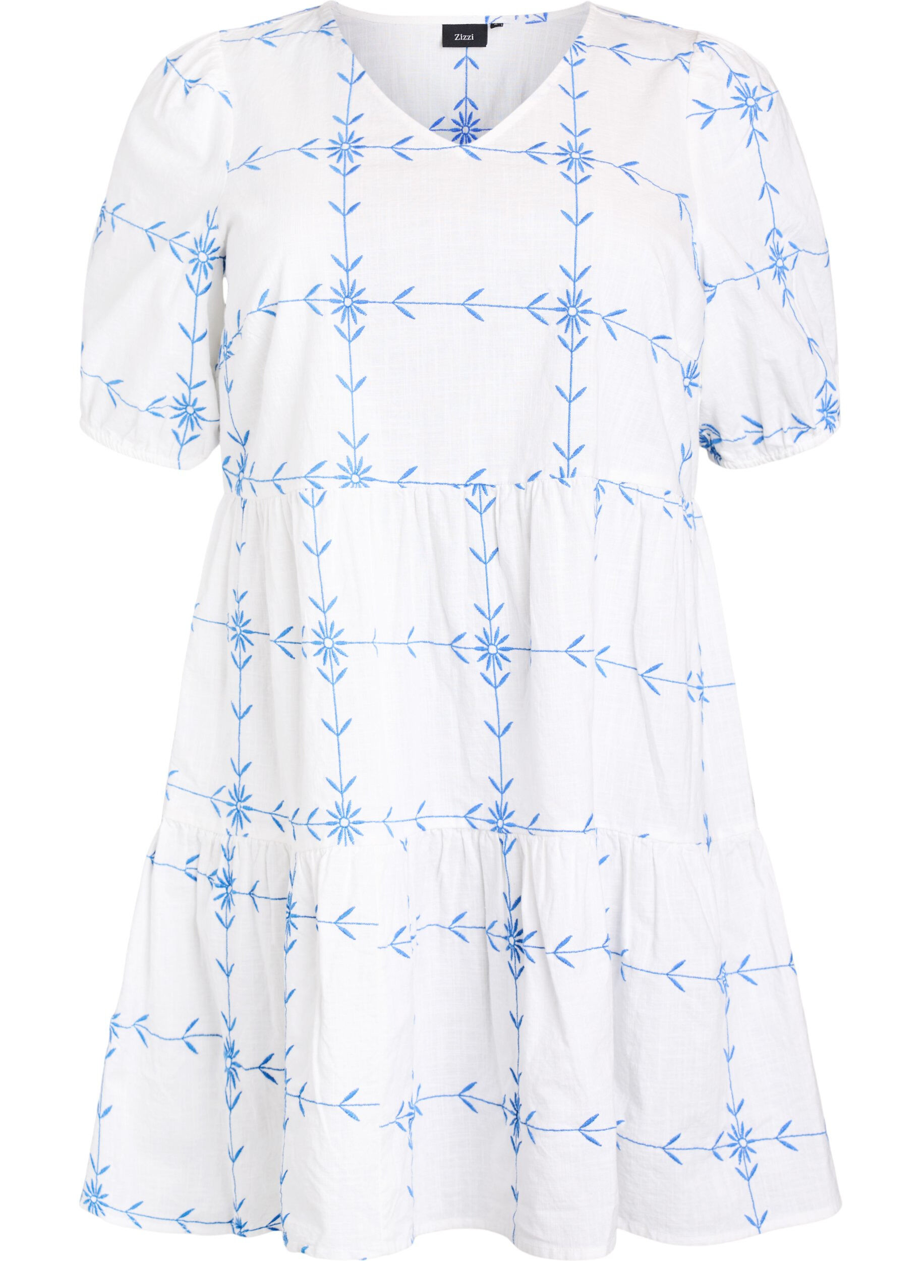 Zizzi Robe courte &agrave; col en V et broderie, Blanc, Packshot image number 0