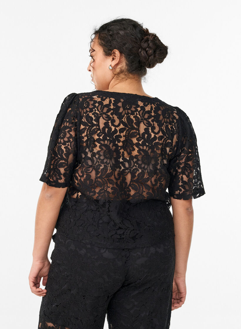 Blouse en dentelle &agrave; manches courtes et col V, Noir, Model image number 2