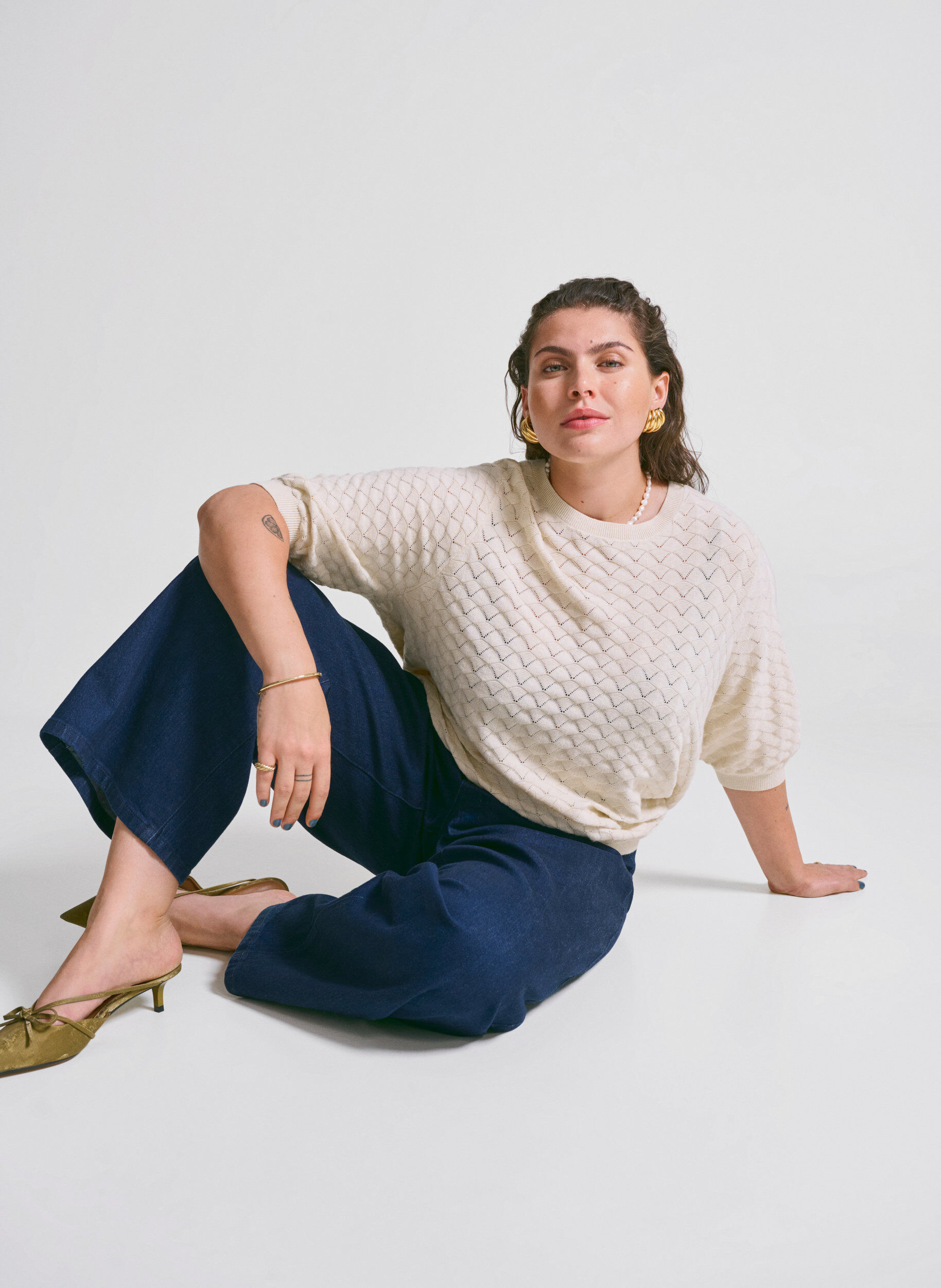 Zizzi Chemisier en tricot avec motif ajour&eacute; et manches courtes, Birch Mel., Image image number 0