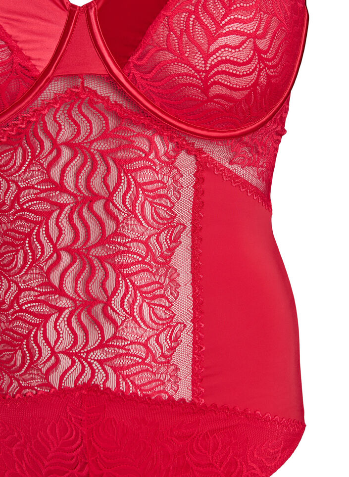 Body avec d&eacute;tails en dentelle et satin, Rouge, Packshot image number 2