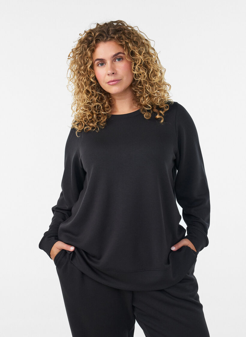 Blouse en jersey &agrave; manches longues et col rond, Noir, Model image number 0