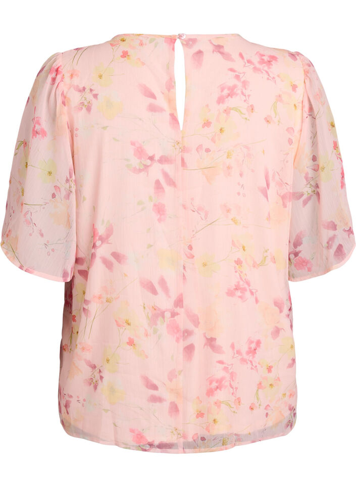 Blouse &agrave; imprim&eacute; floral et manches vaporeuses, Orange clair, Packshot image number 1