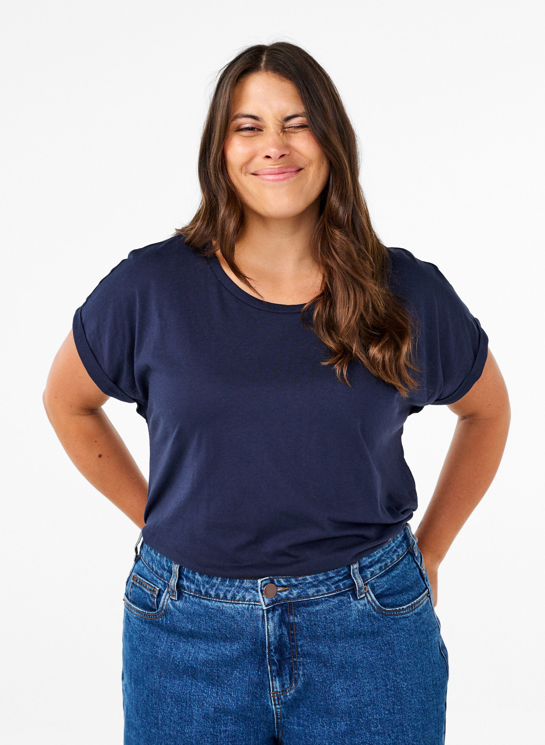 T-shirt &agrave; manches courtes en coton m&eacute;lang&eacute;, Bleu, Model