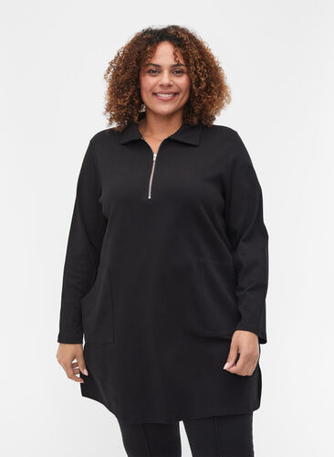 Tunique en coton avec fermeture éclair et poches, Black, Model image number 0