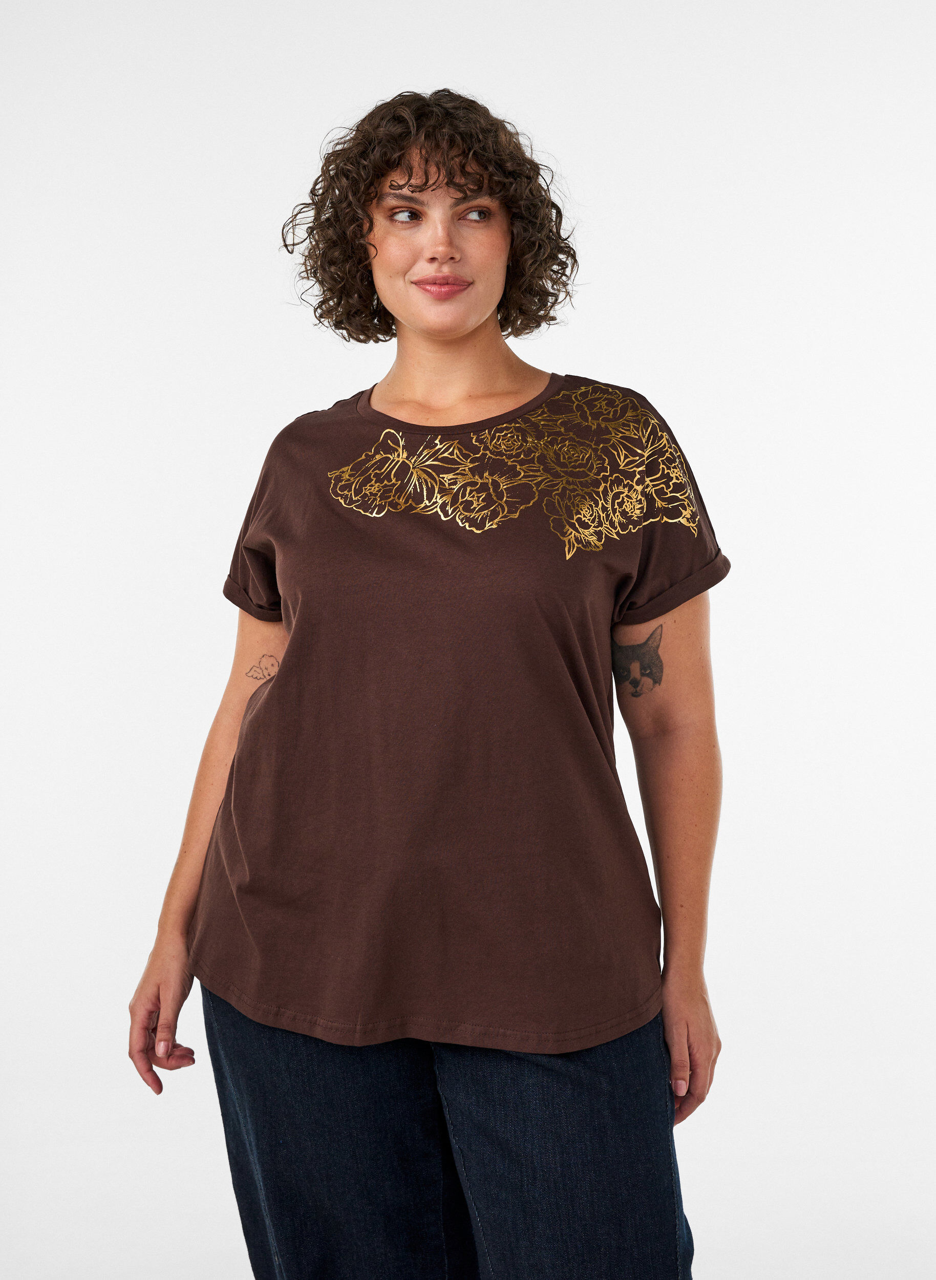 ZizziT-shirt en coton &agrave; imprim&eacute; floral, Marron, Model image number 0