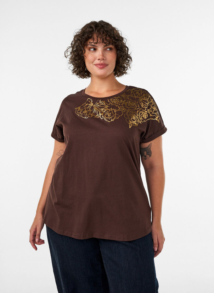 T-shirt en coton &agrave; imprim&eacute; floral, Marron, Model image number 0