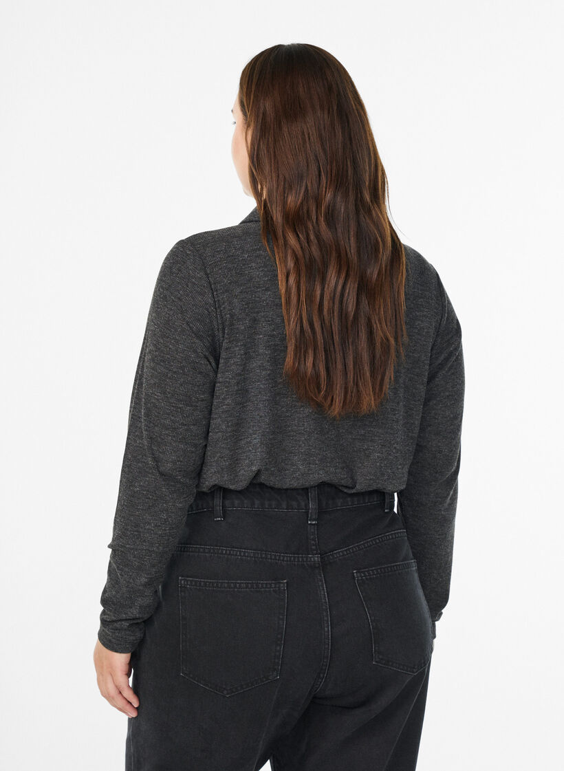 Polo à manches longues en maille côtelée extensible, Gris anthracite, Model image number 2