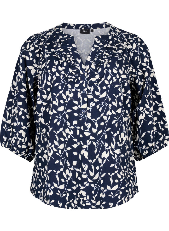 Chemisier en coton &agrave; manches 3/4 avec imprim&eacute;, Navy Blazer Leaf, Packshot image number 0