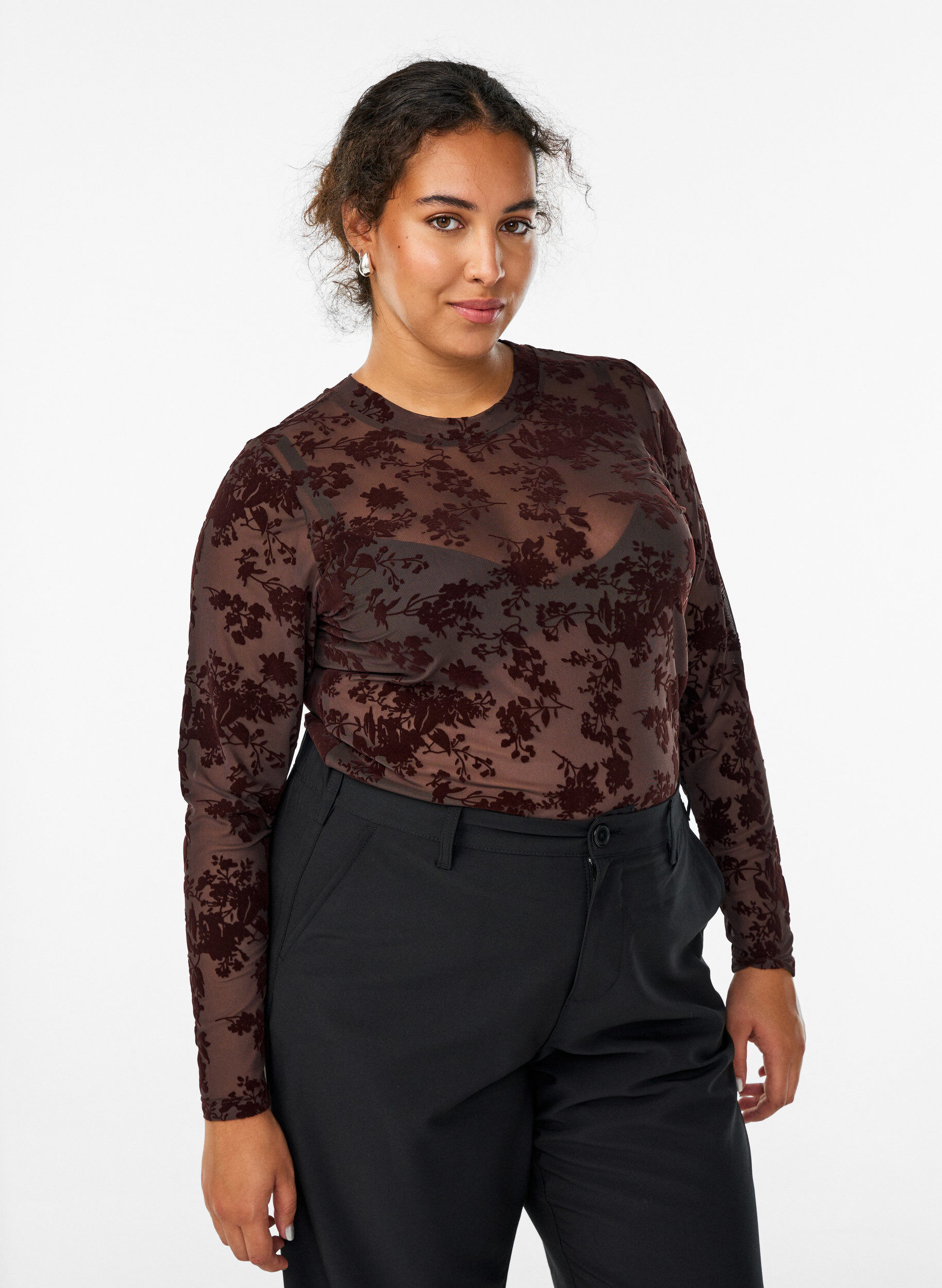 Zizzi Blouse en maille &agrave; motif floral, Marron, Model image number 0