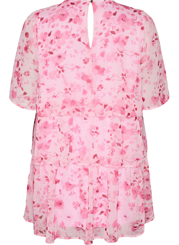 Robe courte effet mousseline &agrave; imprim&eacute; floral et volants &eacute;tag&eacute;s, Rose, Packshot image number 1