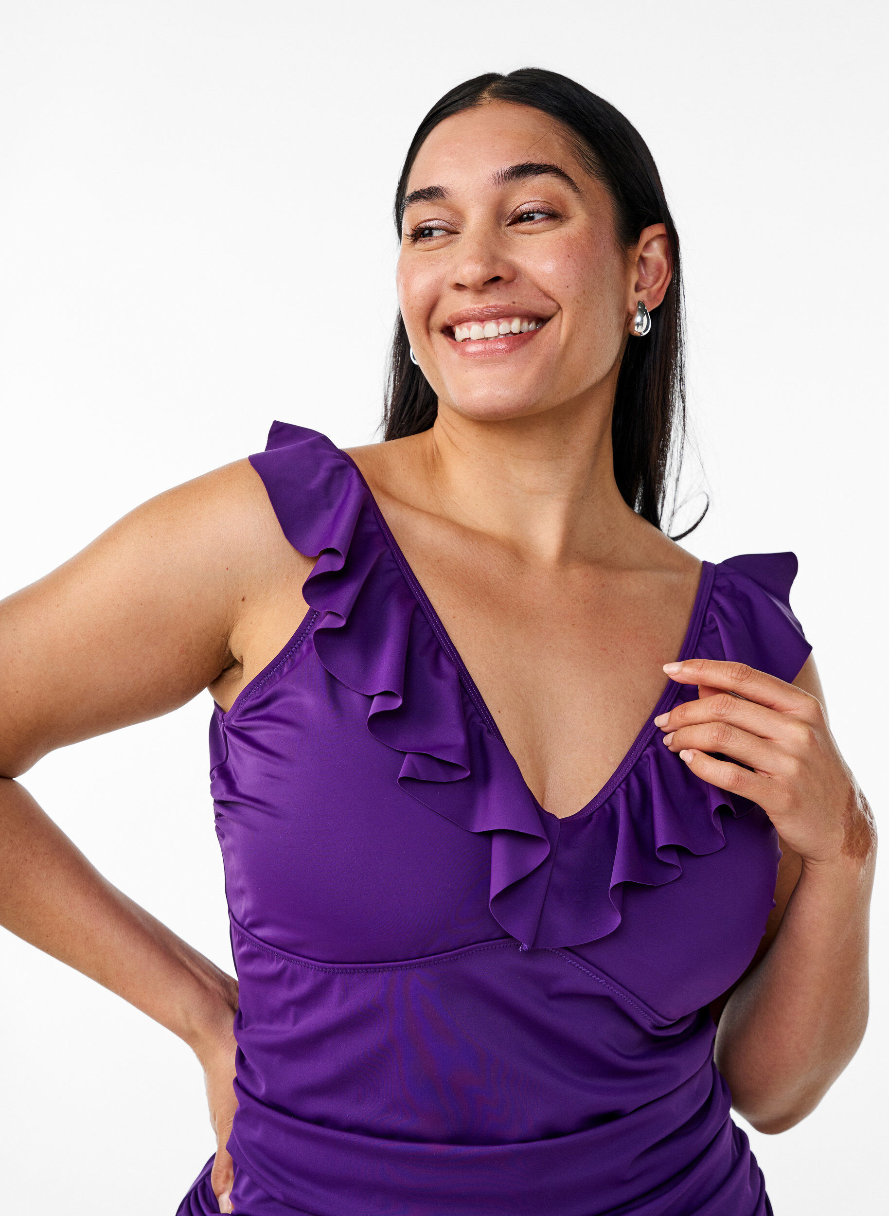 Zizzi Maillot de bain avec volants et inserts amovibles, Violet, Model image number 2