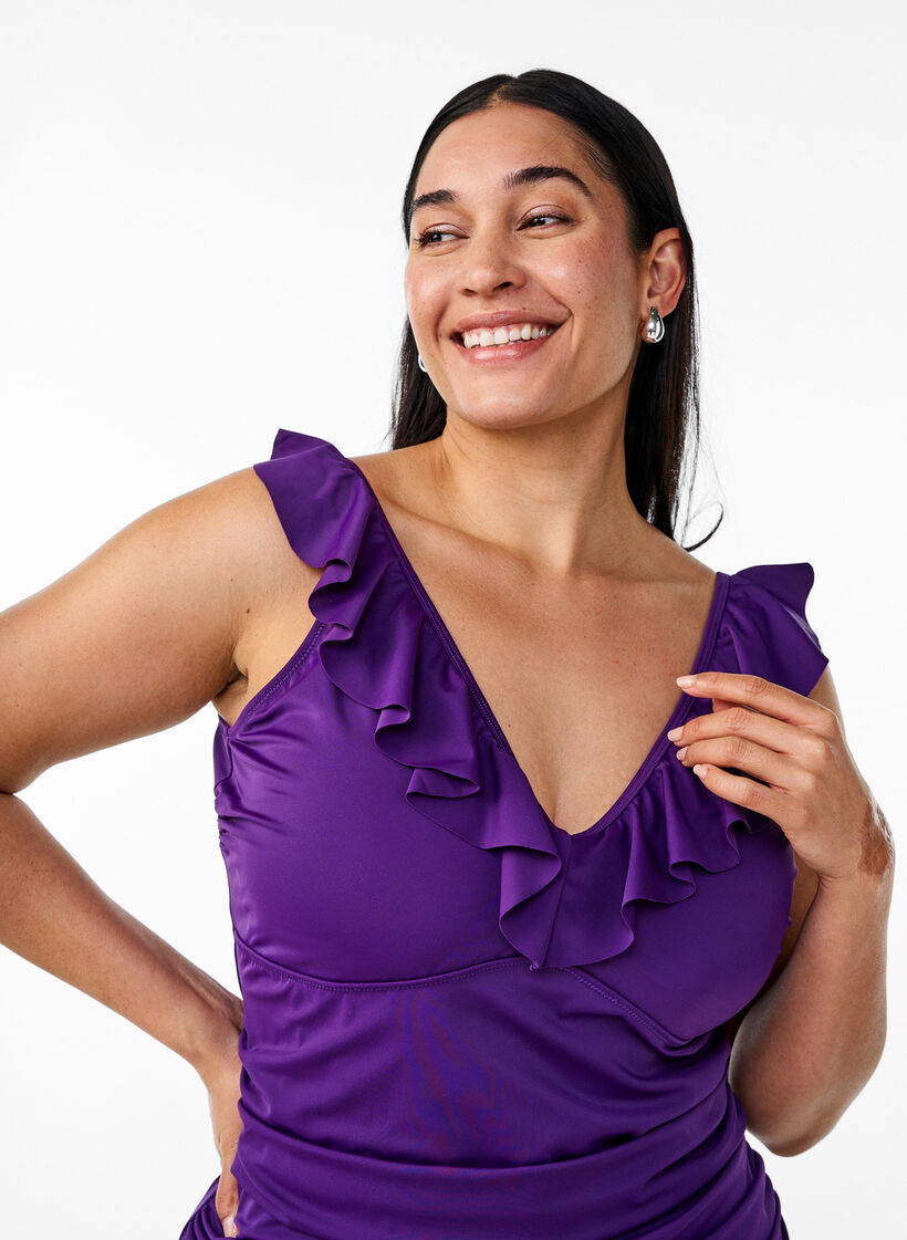 Maillot de bain avec volants et inserts amovibles, Violet, Model image number 2