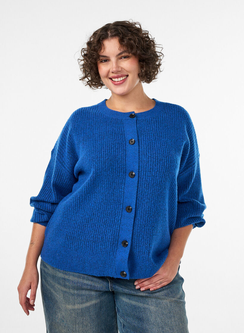 Cardigan en maille c&ocirc;tel&eacute;e avec boutons, Bleu, Model image number 0