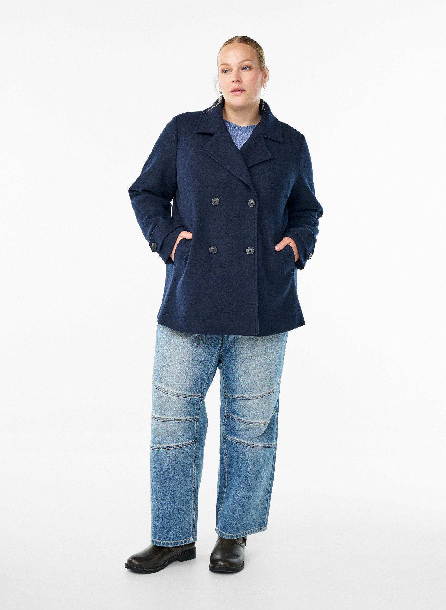 Zizzi Manteau court &agrave; boutonnage crois&eacute;, Bleu, Model image number 1