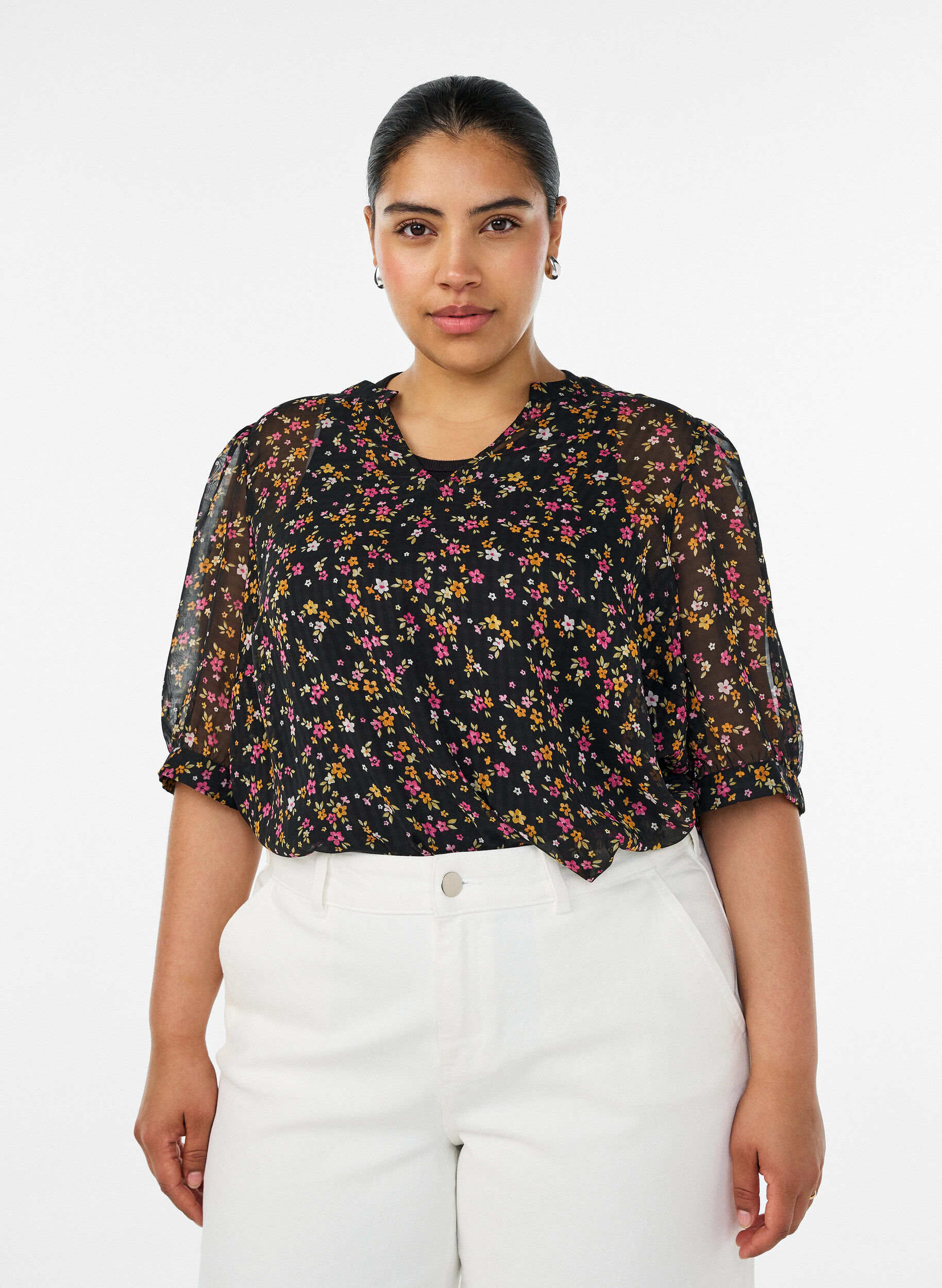 ZizziBlouse &agrave; imprim&eacute; floral et col V, Noir, Model image number 0