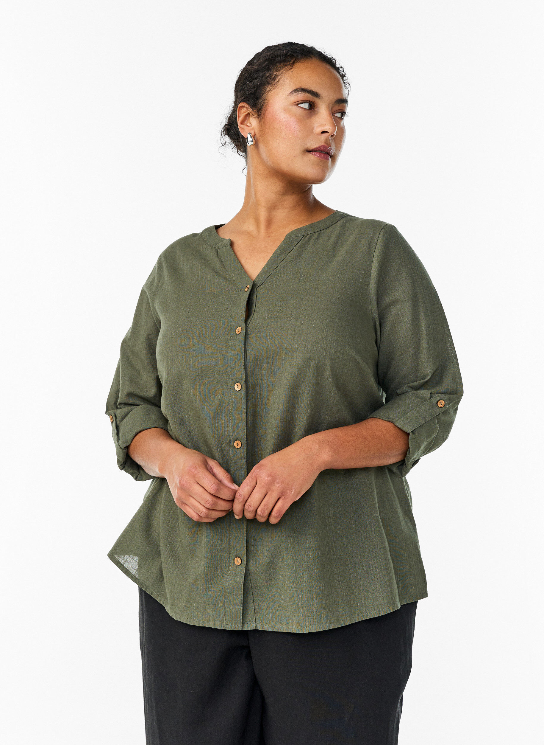 Chemisier en coton avec col en V, Vert, Model