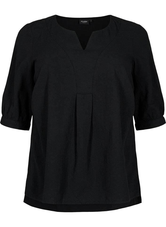 FLASH - Blouse en coton &agrave; manches mi-longues, Black, Packshot image number 0