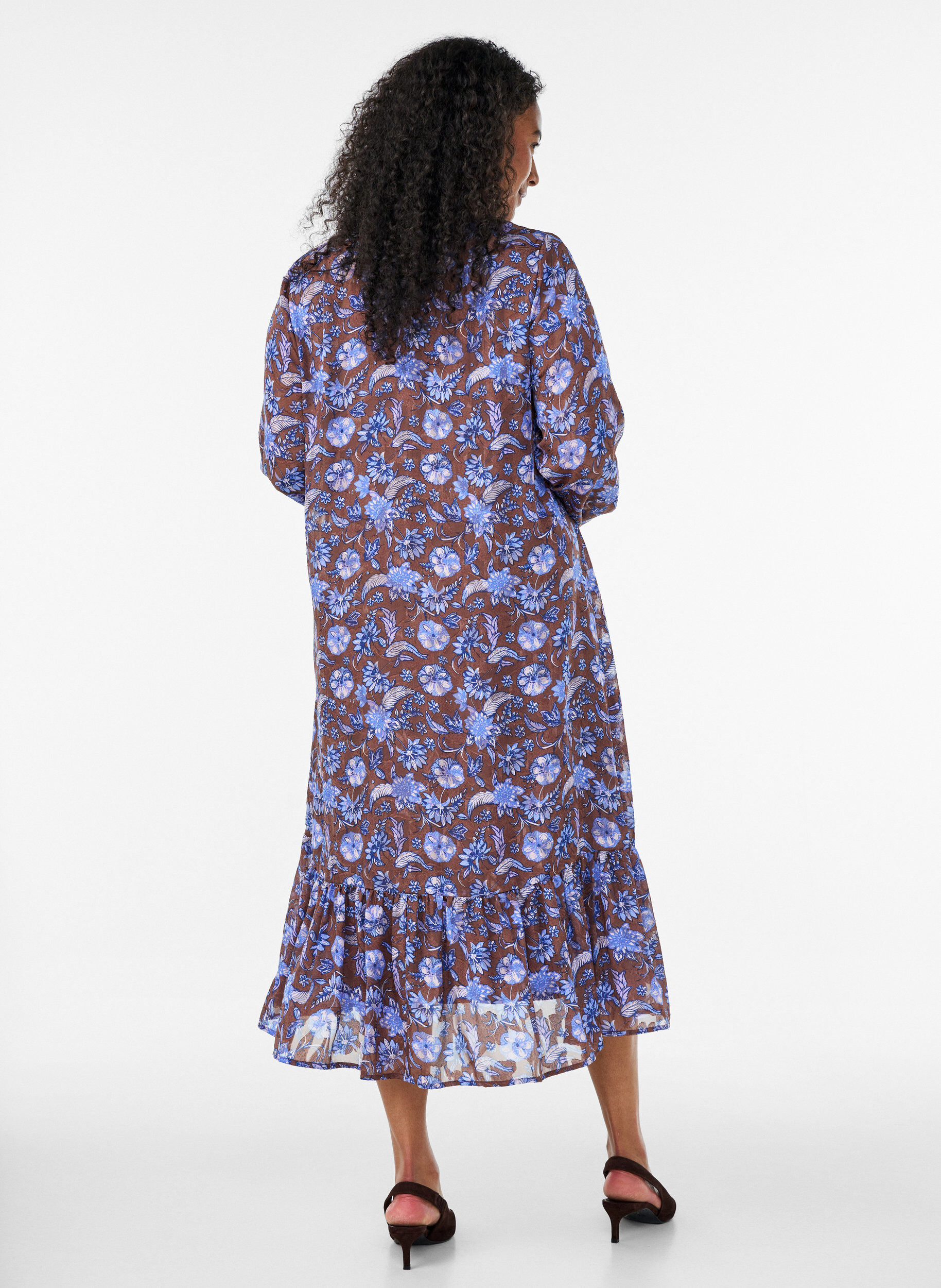 ZizziRobe midi &agrave; imprim&eacute; floral avec ourlet &agrave; volants, Marron, Model image number 1
