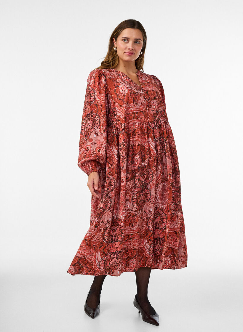 Robe midi en viscose avec imprim&eacute; cachemire, Orange, Model image number 0