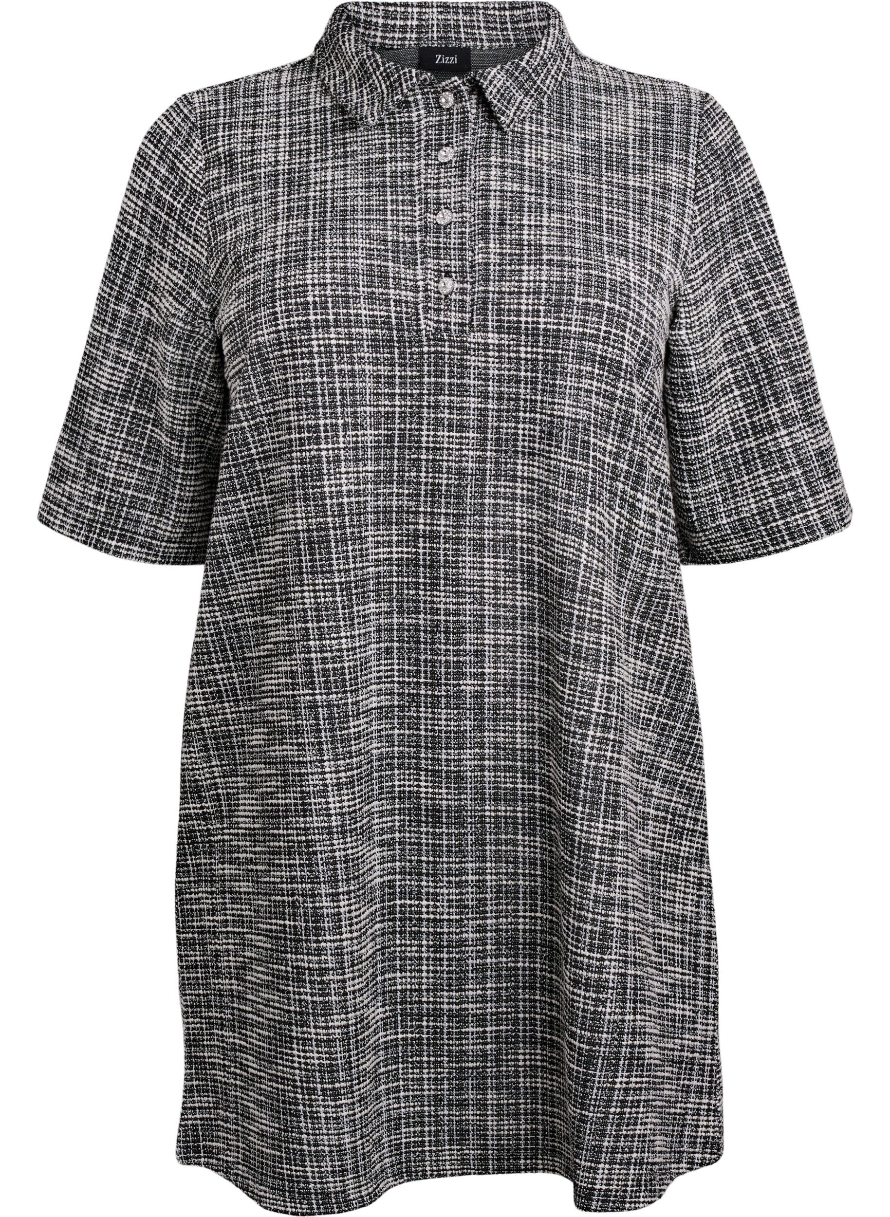 Zizzi Robe courte en jersey textur&eacute; &agrave; carreaux graphiques, Vanille, Packshot image number 0