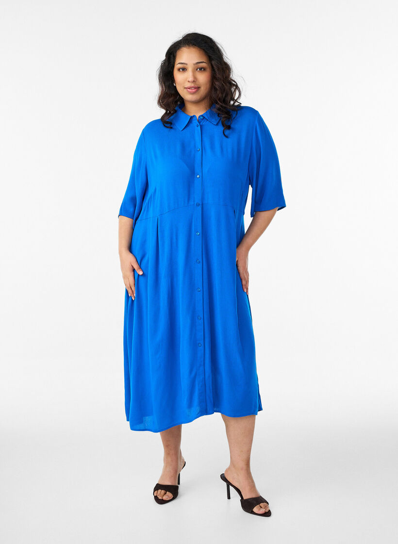 Robe chemise mi-longue &agrave; manches courtes, Bleu, Model image number 0
